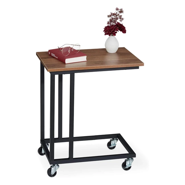 Table d'appoint à roulettes Relaxdays, plateau carré aspect bois, acier marron/noir, 60 x 50 x 35 cm