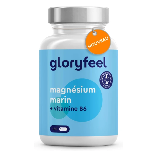 Magnésium Marin avec Vitamine B6 - 180 capsules - Hautement dosé avec 360 mg de Magnésium pur - Réduit la fatigue et soutient les muscles - 100% végétalien et sans additifs