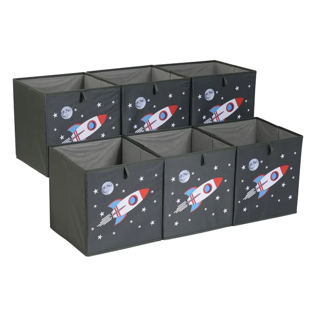 Amazon Basics Collapsible Fabric Storage Cube Organiser Bins - Pack of 6 - Space Rockets - 267 x 267 x 28cm