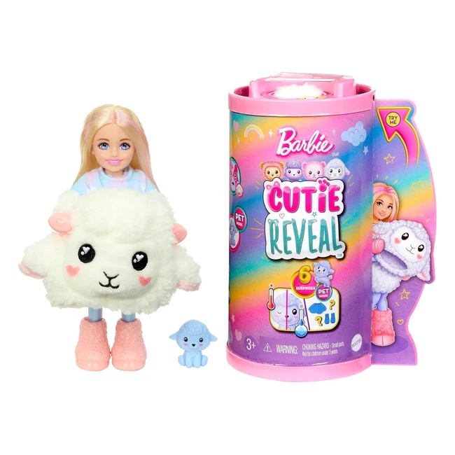 Barbie Coffret Poupée Mannequin Chelsea Cutie Reveal - Série T-Shirt Confort - 6 Surprises - Costume Agneau en Peluche - Jouet Enfant 3+