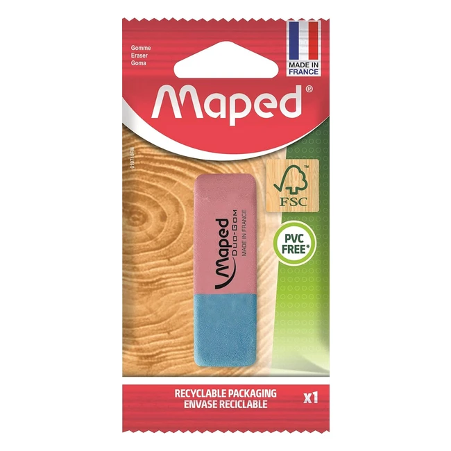 Maped Duogom Medium Eraser - Natural Rubber, PVC-Free - Pink/Blue - FSC Certified