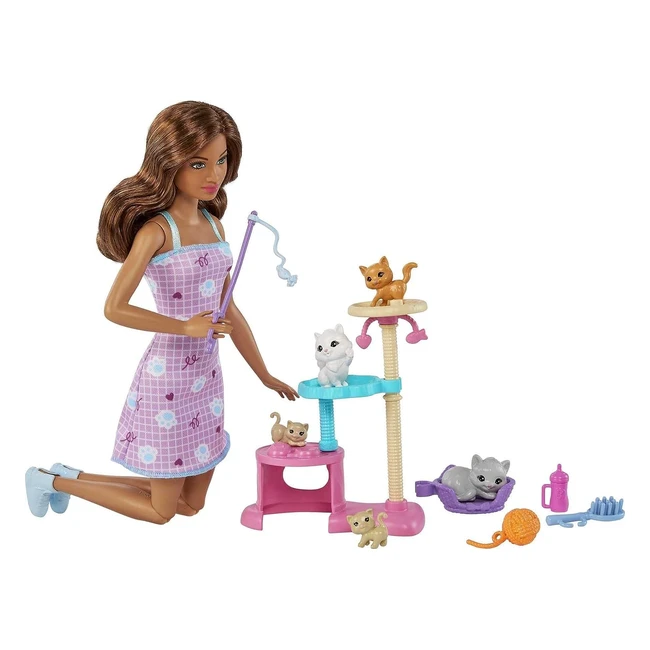 Barbie Kitty Condo Doll and Pets Playset - Brunette Barbie, 1 Cat, 4 Kittens, Cat Tree, Accessories