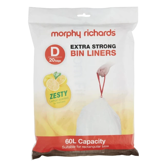 Morphy Richards 979038 Kitchen Bin 60L - Lemon Scented Heavy Duty Drawstring Bin Liners 20 Pack