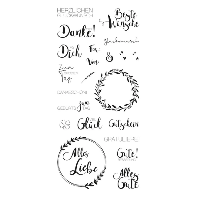 Rayher 50241000 Clear Stamps - Viele Wünsche - 22 Designs - Transparente Stempel - Glückwunsch Silikonstempel - Geburtstag - SBBTL - 1 Blatt 97 x 205 mm
