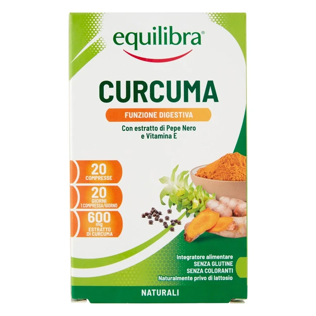 Equilibra Integratori Alimentari Curcuma con Pepe Nero e Vitamina E - Favorisce la Funzione Digestiva - Protezione Cellule - 20 Compresse