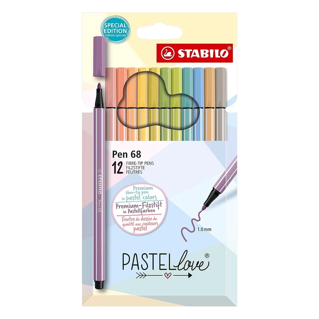 Premium Fibretip Pen Stabilo Pen 68 Pastellove Set - Pack of 12 - Assorted Colours