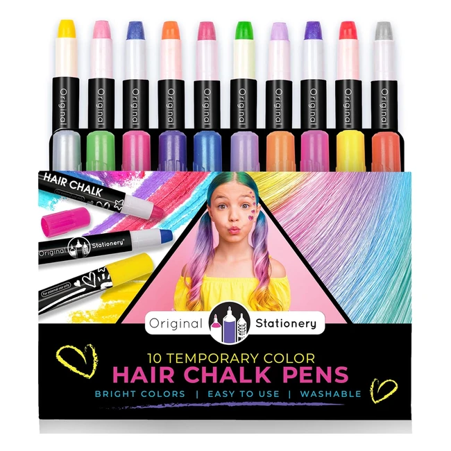 Original Stationery Hair Chalk Pens - 10-Piece Set - Vibrant Colors - Great Gift