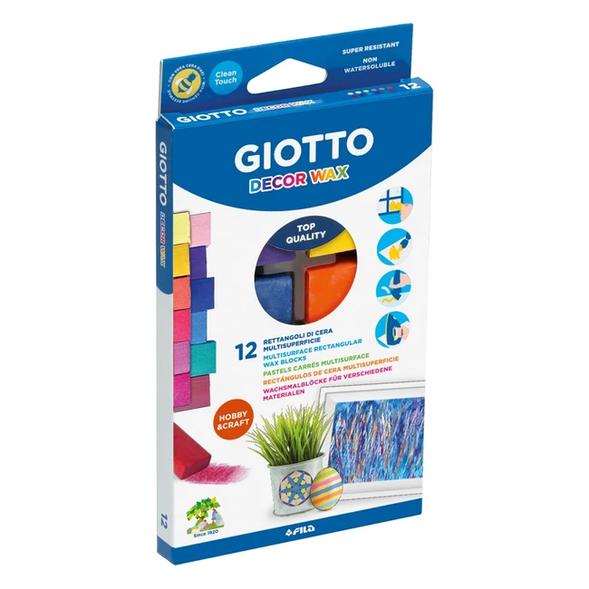 Giotto Decor Wax - 12 Pastels Rectangulaires - Idéal pour Décorer Papier, Carton, Bois, Métal, Plastique, Verre - Haute Couvrance