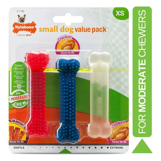 Nylabone Perro Value Pack Pequeño - Satisface la Necesidad Natural de Masticar - 3 Huesos Duraderos - Bacon, Pollo, y Pollo con Textura Extra Small