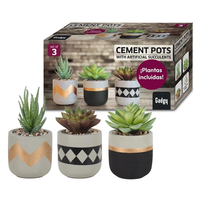 Plantas Artificiales Decorativas Gadgy - Juego de 3 - Plantas Falsas en Macetas de Cemento - Decoración Interior