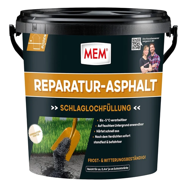 Mem Reparatur Asphalt 30836931 - Ripara Asfalto, Elimina Danni Stradali - Pronto all'Uso, Facile da Lavorare - Superfici Utilizzabili Immediatamente - 10 kg