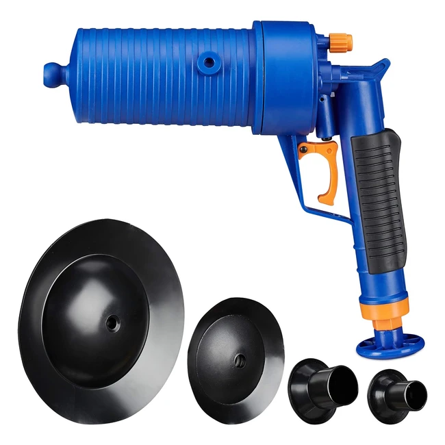 Nettoyeur conduits et canalisations Relaxdays, air comprimé, déboucher bain et cuisine, 4 embouts, pompe PVC plastique ABS PP, bleu