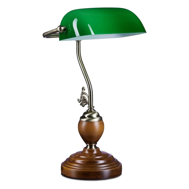 Lampe de bureau banquier Relaxdays10016607 - Verre vert - Abat-jour rabattable - Effet airain - Support en métal - Socle en bois - Interrupteur sur le câble - Convient pour ampoule à économie d'énergie