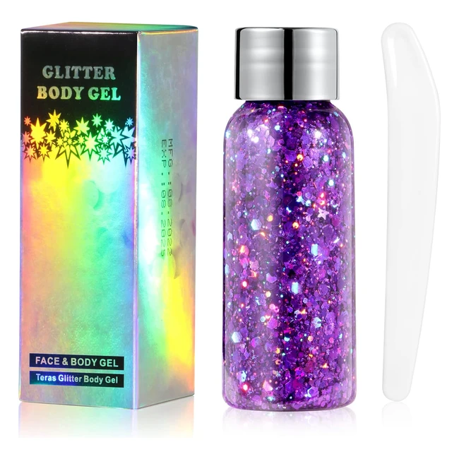 Gel Purpurina URAQT - Brillo Corporal para Maquillaje - Festival, Cabello y Cuerpo - Violeta