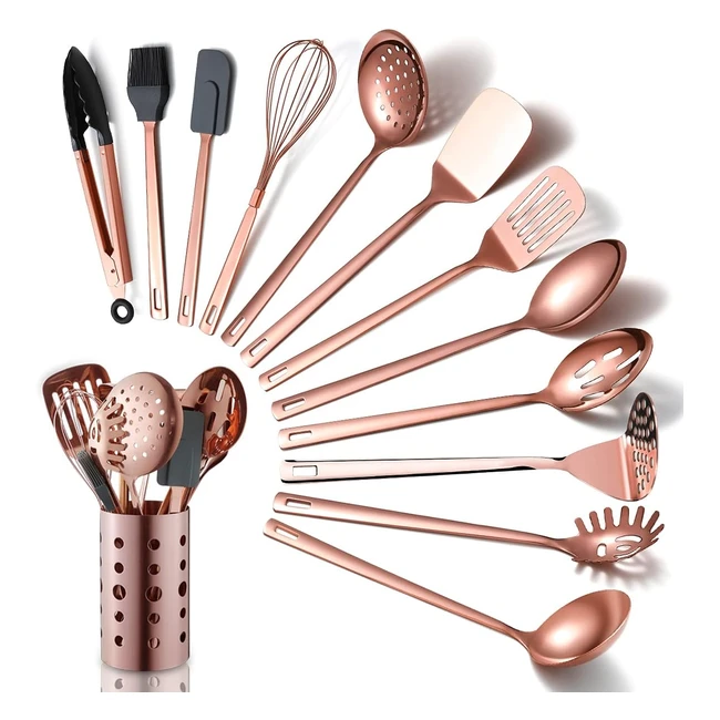 Ensemble d'ustensiles de cuisine en cuivre et acier inoxydable de 13 pièces avec placage en or rose