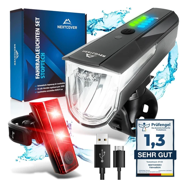 nextcover Fahrradlicht Set mit Lightsense Sensor - 11h Akkulaufzeit - USB auflad