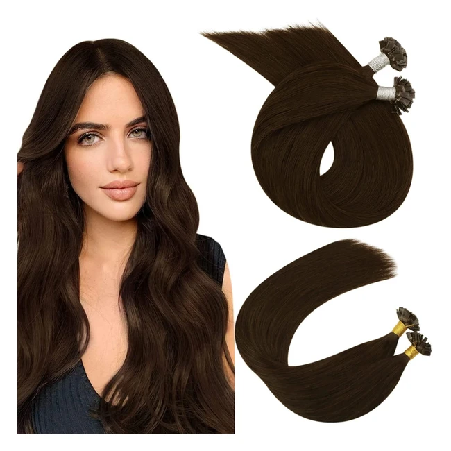 Ugeat Echthaarverlängerungen Remy Bonds Dunkelbraun 40 cm Hot Fusion Flach Keratin Tips Kleben in 1g Strähne 50 g pro Packung