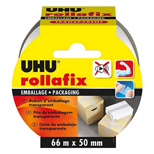 UHU Rollafix Ruban Adhésif d'Emballage Transparent 66m x 50 mm - Adhérence Élevée, Déroulement Facile, Déchirure à la Main, Sans Solvant