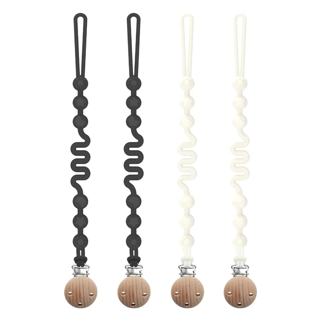 Silicone Dummy Clip with Adjustable Spring - Baby and 4 Pack Pacifier Clips - Soft Flexible Dummy Case with 3 Textures - Black/White - #BabyAccessories #PacifierClips #DummyClip