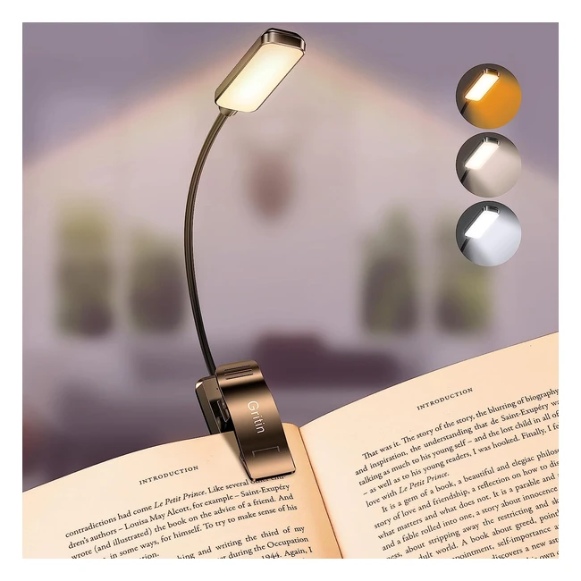 Gritin 9 LED Book Light - Stepless Dimming, 3 Eye-Protecting Modes, Rechargeable
