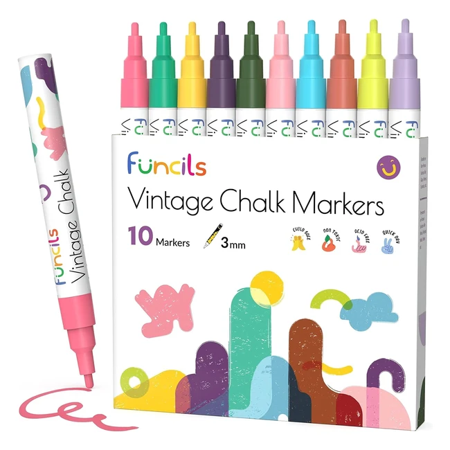 Funcils Vintage Liquid Chalk Pens - 10 Pack - 3mm - Wet Wipe - Erasable Ink - Ch