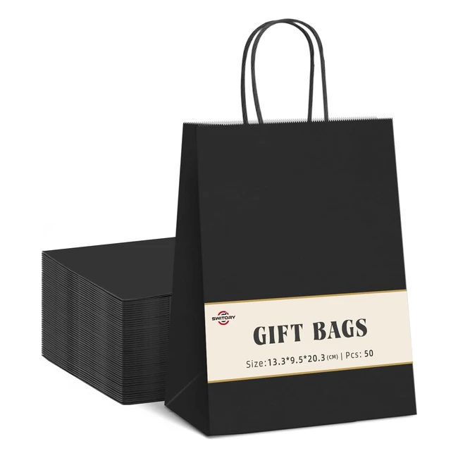 Switory 50pc Party Bags - Kraft Gift Bag 525x375x8 inch - Black Shopping Paper Bag with Twisted Handles - Customization, Carry, Retail, Wedding