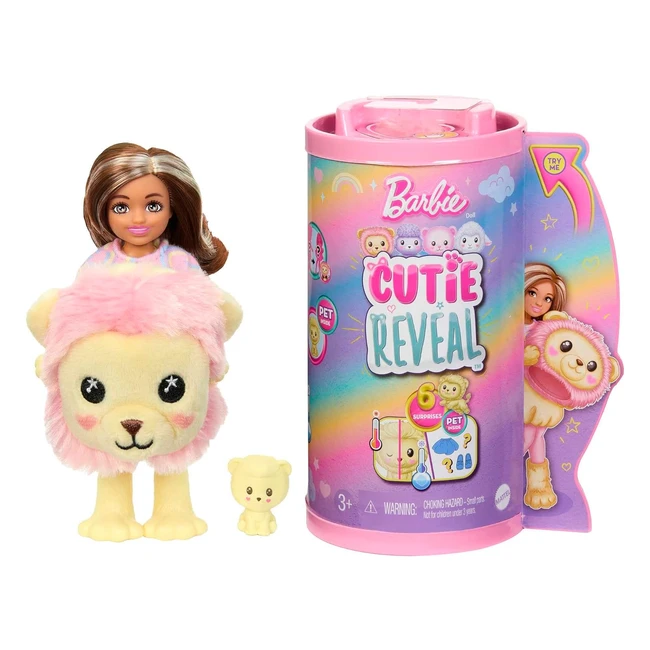Barbie Coffret Poupée Mannequin Chelsea Cutie Reveal - Série T-shirt Confort - 6 Surprises - Costume Lion en Peluche - Jouet Enfant 3+