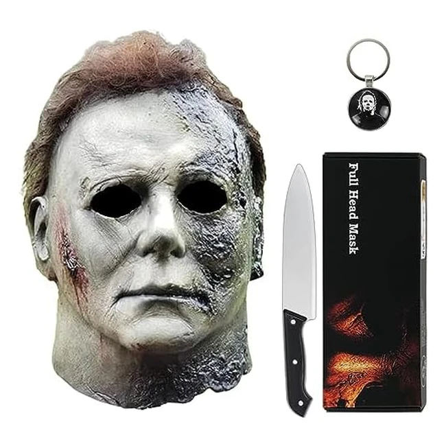 Noufun Michael Myers Mask for Adults - Full Head Halloween Horror Face Headgear Latex Rubber with Hair - Includes Knife and Keychain