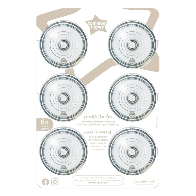 Tommee Tippee Closer to Nature Baby Bottle Teats - Breastlike, Anticolic Valve, Soft Silicone, Fast Flow, Pack of 6
