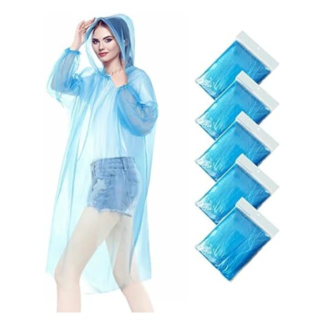Wehers 5 Pack Disposable Rain Ponchos - Waterproof Emergency Raincoats with Hood and Sleeves
