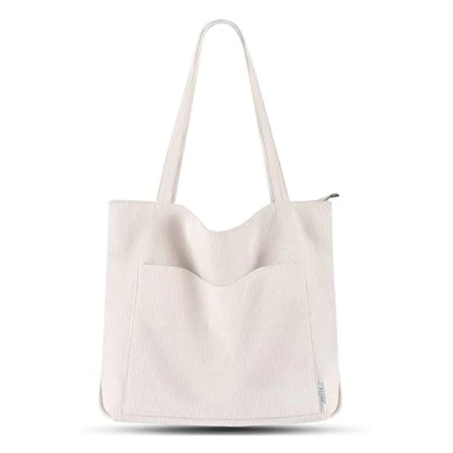 Prite Corduroy Tote Bag for Women - Large, Zipper Closure, Multiple Pockets