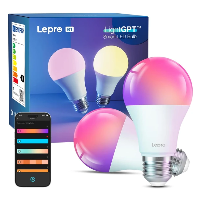 LEPRO AI Smart Bulb E27 B1 - Colour Changing WiFi Bulbs - Music Sync - LightGPT Voice Control - 16 Million Colors - 806lm - Smart Screw Bulb - Compatible with Alexa - Lepro App - 2 Packs