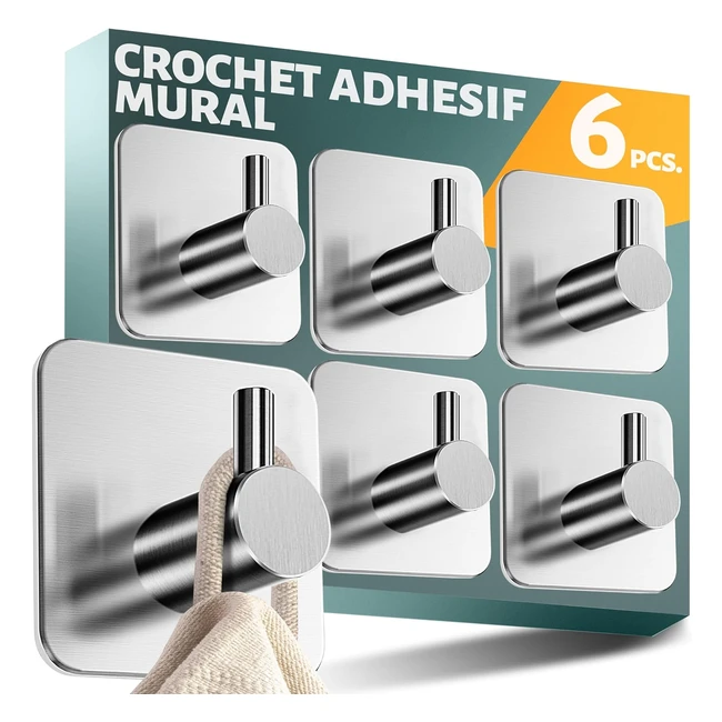 Ensemble de 6 crochets adhésifs muraux pour salle de bain en inox - Sans perçage