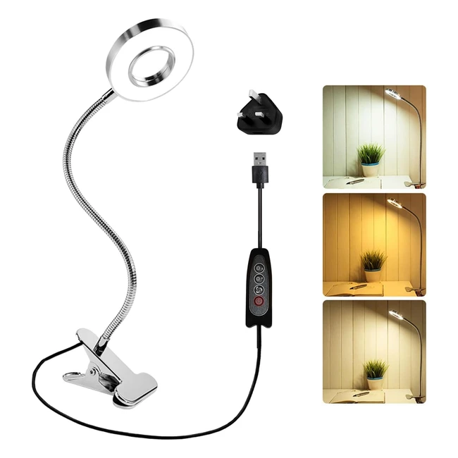 Akynite 7W USB Clip On Reading Light with UK Adapter - 3 Colour Changing, 10 Brightness - Silver