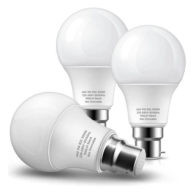 Bonnov Bayonet Light Bulbs B22 9W LED Warm White 3000K 900lm - Pack of 3