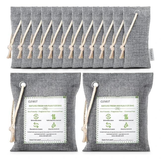 Clevast Bamboo Charcoal Air Purifying Bags - Natural Odor Absorber & Moisture Eliminator