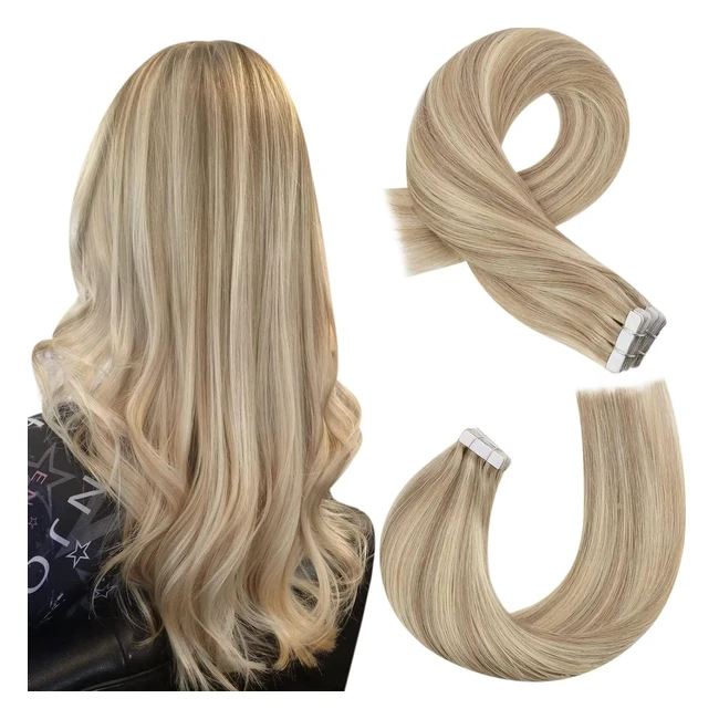 Moresoo Tapein Echthaar Blonde Strähnen Remy Skin Weft Echthaarverlängerungen Tape Glatt Dick Haar Nahtlose Tape Extensions Dunkel Aschblond mit Goldblond 20 Stück 50 g 35 cm