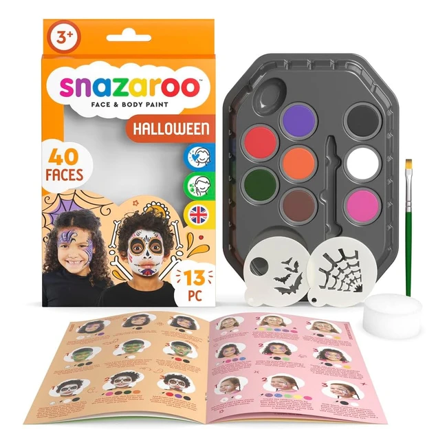 Snazaroo Halloween Face Painting Palette Kit - 8 Colors 13pcs Stencils Water-B