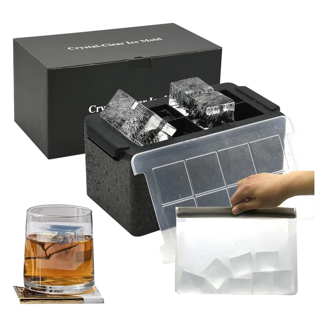 Moule à glaçons transparent en cristal - Machine à glace géante de 2 pouces - 8 grands glaçons pour whisky et cocktails