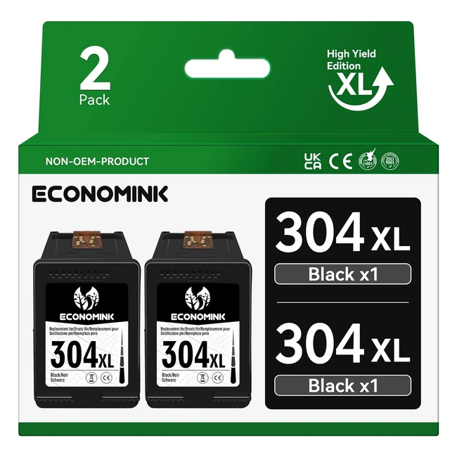 economink 304xl Remanufactured Ink Cartridge for HP 304 Black - Envy 5020 5010 5032 5030 5055 - 2 Pack