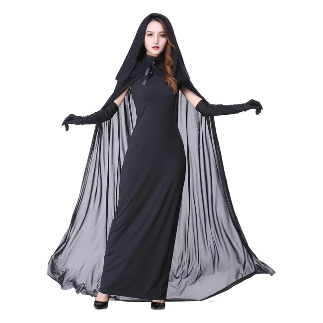 Costume Halloween Marie Fantôme Femme Déguisement Sorcière Vampire Robe Cape Carnaval Cosplay Adulte Noir M