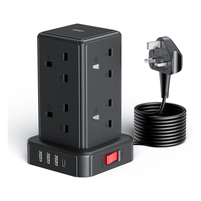 Tower Extension Lead with 8 Way Multi Plug, 4 USB Ports, Surge Protection - 2m Cable