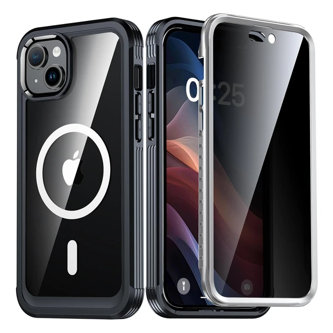Amilifecases iPhone 15 Plus Case - Privacy Screen Protector, Military Grade Shockproof, Magnetic, Clear Back - Black