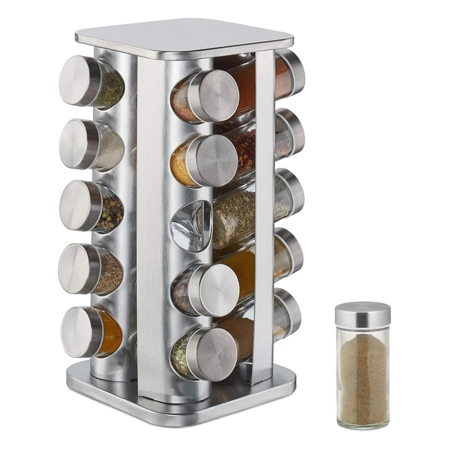 Especiero Giratorio Relaxdays 360 - Organizador de Especias - 20 Botes de Cristal - Plateado
