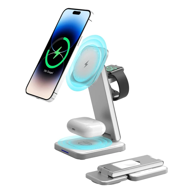Foldable 3-in-1 Magnetic Wireless Charger for iPhone 15/14/13/12 Series, iWatch, AirPods - Fast Charging