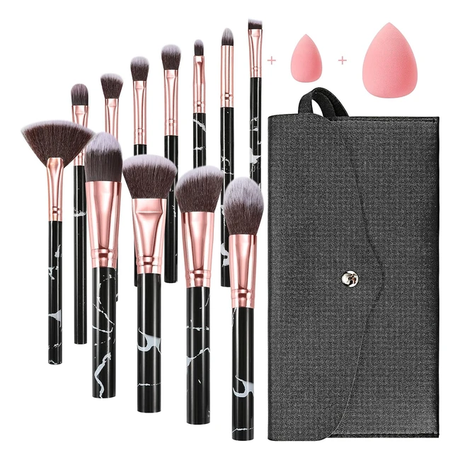 Start Makers 12pcs Marble Makeup Brushes Set - Professional Brushes for Foundation, Concealer, Blush, Eyeshadow - with Beauty Blender and Makeup Pouch