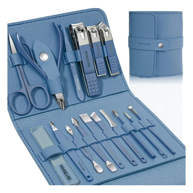 Professional Manicure Set - 16pcs Stainless Steel Nail Care Tools with Leather Case