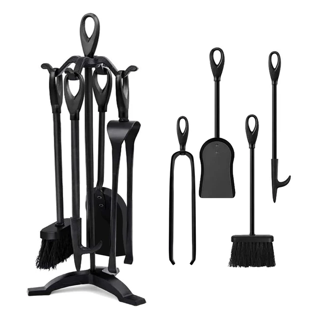 Amagabeli 25264cm 5-Piece Fireplace Tools Set | Black Wrought Iron | Log Holder, Fire Pit Stand, Fire Tongs, Shovel | #FireplaceAccessories