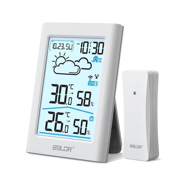 Baldr Station Météo Sans Fil avec Capteur Extérieur - Horloge Radio Numérique DCF - Thermomètre Intérieur/Extérieur - Affichage de la Température - Radio Thermomètre d'Ambiance - Hygromètre Prévisions