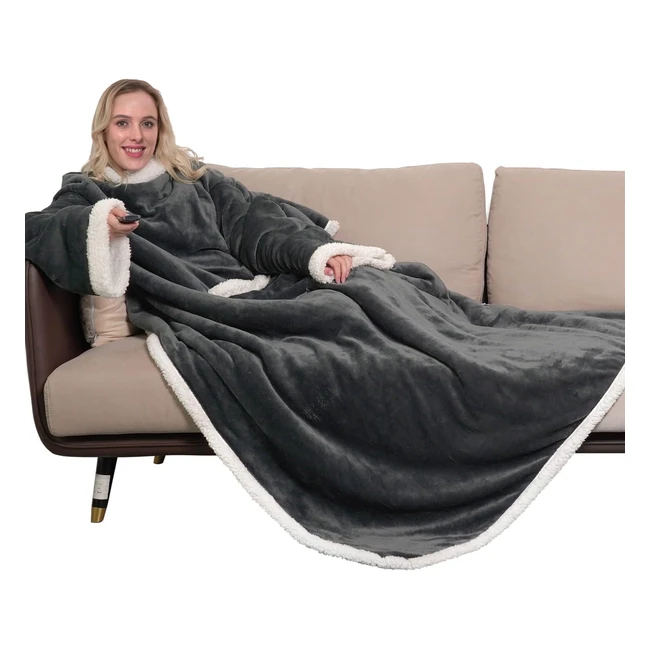 Winthome Double Warmer Wearable Blanket with Sleeves - Super Soft Sherpa Blanket for Adult Women Men - Grey